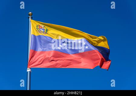 Flagge Venezuelas auf blauem Hintergrund Stockfoto