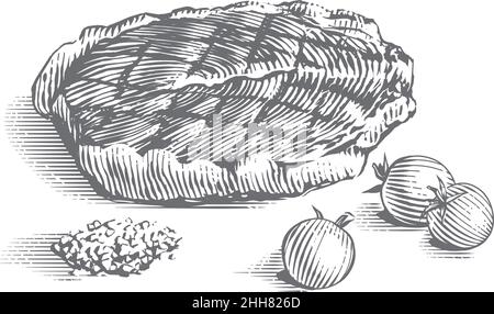 Fleisch Steak Hand Zeichnung Skizze Gravur Illustration Stil Stock Vektor