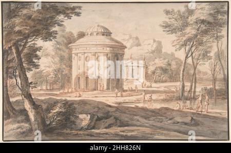 Landschaft mit zwei klassischen Tempeln und Figuren n.d. Wird Jan Frans van Bloemen Flämisch zugeschrieben. Landschaft mit zwei klassischen Tempeln und Figuren 335079 Stockfoto