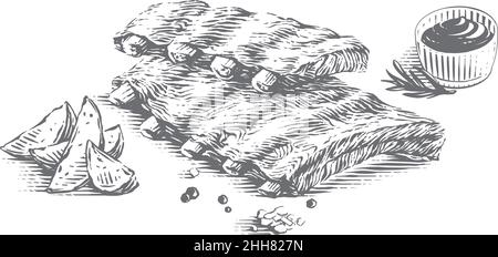 Schweinefleisch Rippen Hand Zeichnung Skizze Gravur Illustration Stil Stock Vektor