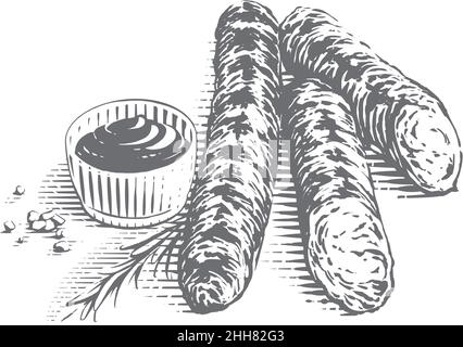 Grill Wurst Hand Zeichnung Skizze Gravur Illustration Stil Stock Vektor