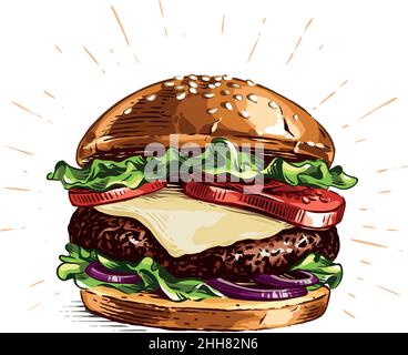 Farbe Burger Hand Zeichnung Skizze Gravur Illustration Stil Stock Vektor