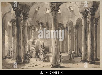 Besucher mit Fackeln in einem kreisförmigen Gebäude ca. 1769 Jean Pierre Louis Laurent Hoüel Französisch. Besucher mit Fackeln in einem kreisförmigen Gebäude. Jean Pierre Louis Laurent Hoüel (Französisch, Rouen 1735–1813 Paris). Ca. 1769. Stift und braune Tinte, grau-braune Wäsche, verstärkt mit weißen Akzenten, über Spuren schwarzer Kreide. Zeichnungen Stockfoto