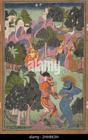 Dämonen kämpfen um ein Tierglied Ende des 17th. Jahrhunderts Indien (Rajasthan, Bikaner oder der Dekan) in diesem Gemälde, das in einer fantastischen Landschaft mit Felsen, Bäumen und einem Stadtbild in der Ferne liegt, werden zwei furchterregende Dämonen gesehen, die sich über das Bein eines Tieres streiten. In der Mitte sind drei Frauen, die in typischer Rajput Mode gekleidet sind und Wassertöpfe tragen, den Dämonen in ihrer Mitte nicht bewusst. Dämonische dieser Bizarrlichkeit sind am besten in der zentralasiatischen Handschriftenmalerei bekannt, und tatsächlich ist dies wahrscheinlich ihr Ursprung, der über persische Modelle nach Indien übertragen wurde. Der Maler offenbart sich als ein Trai Stockfoto