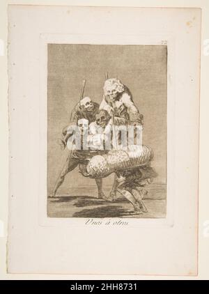 Tafel 77 aus 'Los Caprichos': Was einer dem anderen anstellt (Unos á otros.) 1799 Goya (Francisco de Goya y Lucientes) Spanisch. Tafel 77 aus 'Los Caprichos': Was einer dem anderen anstellt (Unos á otros.). Goya (Francisco de Goya y Lucientes) (Spanisch, Fuendetodos 1746–1828 Bordeaux). 1799. Ätzen, brüniertes Aquatinta, Trockenpunkt, Burin. Ausdrucke Stockfoto