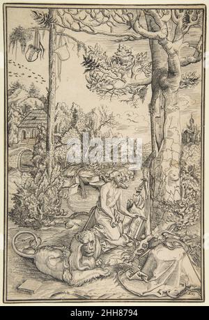 Der Büßer St. Jerome 1539–91 Jost Amman Swiss Dies ist eine der frühesten bekannten Zeichnungen von Amman, einem renommierten Maler, Grafiker und Designer, der gerade einmal zwanzig Jahre alt war, als er diese meisterhafte Kopie nach einem Holzschnitt von Lucas Cranach dem Älteren anfertigte (siehe 41,1.160). Der junge Künstler ersetzte die Arme der sächsischen Herrscherfamilie durch die seiner eigenen Familie und fügte sein Monogramm "JAZ" (Jost Amman von Zürich) auf die Seite des offenen Buches des heiligen, möglicherweise aus Stolz auf sein Werk, hinzu. Hochwertige, präzise Kopien wie diese wären von Sammlern geschätzt worden, die als Ersatz dafür fungieren Stockfoto