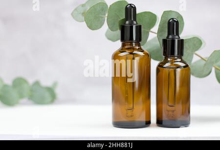 Zwei Flaschen mit ätherischem Eukalyptus-Öl aus nächster Nähe. Rohling zur Werbung für Eukalyptusöl. Organisches kosmetisches Produkt Stockfoto