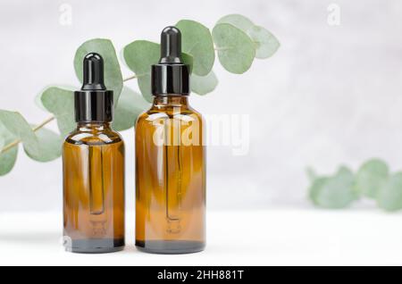 Zwei Flaschen mit ätherischem Eukalyptus-Öl aus nächster Nähe. Rohling zur Werbung für Eukalyptusöl. Organisches kosmetisches Produkt Stockfoto