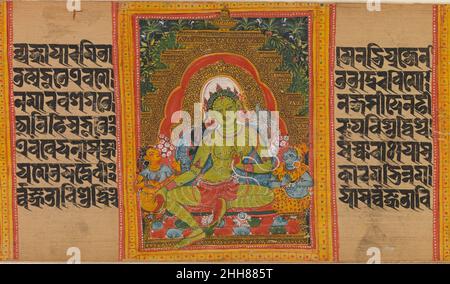 Grüne Tara, Folio aus einer verstreuten Ashtasahasirika Prajnaparamita (Perfektion der Weisheit) Manuskript Anfang des 12th. Jahrhunderts Indien (Bengalen) oder Bangladesch bewahrtes Bild einer sitzenden grünen Tara mit einem hängenden Bein und einem blauen Lotus, mit zwei weiblichen Begleitern, einer mit einem Vajra; der andere Mahakali mit einem flaying Messer und einem Skullcup (Kapala). Grüne Tara, Folio aus einer zerstreuten Ashtasahasirika Prajnaparamita (Vollkommenheit der Weisheit) Manuskript 74905 Stockfoto