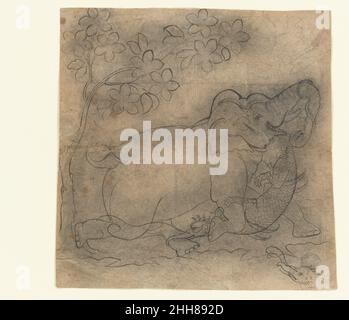 Der Elefantenkönig kämpft mit einem Krokodil: Illustration aus einer Gajendramoksha-Serie Ende des 19th. Jahrhunderts Indien (Rajasthan, Kotah) die Skizze illustriert die Geschichte des Königs Gajendra, der verflucht und in einen Elefanten verwandelt worden war. Eines Tages ergriff ein Krokodil sein Bein, und erst als Gajendra Vishnu anrief, wurde er gerettet und erreichte einen Moksha-Zustand. Diese Geschichte ist eine Metapher, die die Ignoranz des Königs mit der eines Elefanten vergleicht und legt nahe, dass sie nur durch unbhakti (unbhakti) überwunden wird. Der Elefantenkönig kämpft mit einem Krokodil: Illustration aus einer Gajendramoksha S Stockfoto