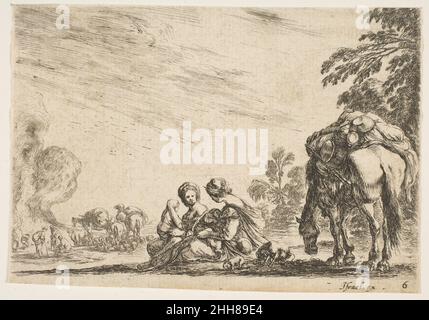 Tafel 6: Zwei Frauen, eine stillende ein Kind, neben einem Hund und einem Pferd sitzend, das ein Rudel trägt, Pferde und Figuren links im Hintergrund, aus "verschiedenen Figuren" (Agréable diversité de Figures) 1642 Stefano della Bella Italienisch. Tafel 6: Zwei Frauen, eine stillende ein Kind, neben einem Hund und einem Pferd sitzend, das ein Rudel trägt, Pferde und Figuren links im Hintergrund, aus "verschiedenen Figuren" (Agréable diversité de Figures) 375797 Stockfoto