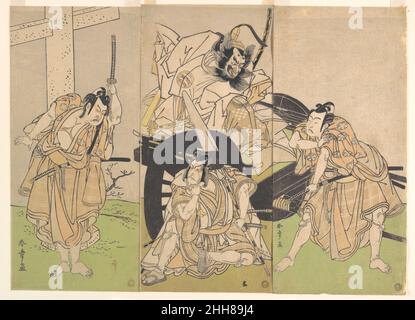 Kabuki-Schauspieler Ichikawa Yaozō II, Nakajima Mihoemon II, Ichikawa Ebizō III, Und Ichimura Uzaemon IX. In dem Stück Sugawaras Geheimnisse der Kalligraphie (Sugawara denju tenarai kagami) 7th Month, 1776 Katsukawa Shunshō 勝川春章 Japanese Diese dramatische Szene, bekannt als 'Pulling the Carriage Apart' (Kuruma-biki), wurde im August 1776 im Ichimura Theater aufgeführt. Ichikawa Ebizo (Danjuro IV), der auf dem Boden vor dem Wagen rechts saß, fungierte als die Figur Matsuo-maru, einer von drei Bruderhaltern. In dem Stück erleben die Brüder, die verschiedenen Meistern dienen, einen Konflikt zwischen Loyalität zu thei Stockfoto