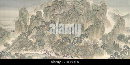 Die südliche Inspektionstour des Kangxi-Imperators, Schriftrolle drei: Ji'nan zum Berg Tai datierbar auf 1698 Wang Hui Chinese im Jahr 1689 der Kangxi-Kaiser (r. 1662?–?1722), ein Mandschu, dessen Vorfahren 1644 China erobert hatten, machte eine große Tour, um seine Autorität über Südchina zu festigen. Der renommierte Landschaftsgärtner Wang Hui wurde beauftragt, die Reise in einer Serie von zwölf übergroßen Handrollen aufzuzeichnen. Diese Schriftrolle, die dritte im Set, zeigt den Besuch des Imperators auf dem Berg Tai, Chinas „Heiliger Gipfel des Ostens“. Obwohl Wang sein Design auf Karten und Holzschnitt basierte? –?Er besuchte die Maus nie Stockfoto