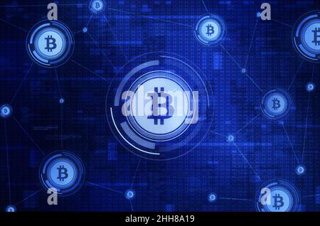 Bitcoin-Mining und Blockchain-Technologie, konzeptionelle 2D-Illustration Stockfoto