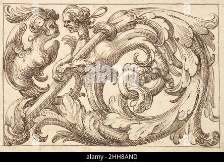 Horizontales Panel-Design mit zwei hybriden Kreaturen zwischen Acanthus Rinceaux 17th Jahrhundert (erste Hälfte) Anonym, Italienisch, Venetian, 17th Jahrhundert Italienisches Design für ein horizontales Panel mit einem gewundenen Rinceau. In der linken oberen Ecke wurden zwei hybride Kreaturen mit menschlichen Gesichtern platziert. Der linke hat Flügel für die Arme und trägt einen gefiederten Kopf. Der rechte sieht aus wie eine Sphinx und sein Unterkörper verwandelt sich in einen Schwanz aus Akanthus-Blättern. Horizontales Panel-Design mit zwei hybriden Kreaturen, die zwischen Acanthus Rinceaux 410906 eingestreut sind Stockfoto