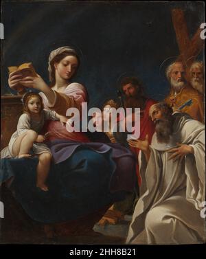 Madonna mit Kind und Heiligen 1607 Ludovico Carracci Italienisch Dieses exquisite Bild wurde für Kardinal Benedetto Giustiniani (1554–1621) gemalt, als er päpstlicher Legat in Bologna war. Es ist paradigmatisch für Ludovico’s reifen Stil: Die Pose der Madonna erinnert an Michelangelos Sibylle in der Sixtinischen Kapelle, während die Betonung der Eleganz an das Werk von Parmigianino erinnert. Ludovico huldigt damit den großen Figuren des vorangegangenen Jahrhunderts als Grundlage seiner eigenen Grand Manier. Die vom Christkind gehaltenen Weizenhalme sind Sinnbilder der Eucharistie. Die Heiligen sind: Bernard, Peter, Andrew, Paul, Ca Stockfoto