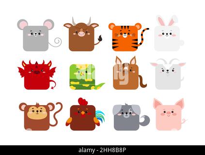 12 Chinesischer Tierkreis Tierzeichen sqaure Gesichter Symbolvektor gesetzt Stock Vektor