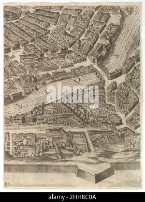 Plan der Stadt Rom. Teil 10 mit dem Tiber und der Villa Farnesina 1645 Antonio Tempesta Italienischer Teil der unteren Hälfte der Karte von Rom. Abgebildet ist ein zentraler Teil der Stadt mit Blick auf das linke und rechte Ufer. Am linken Ufer ist die Villa Farnesina zu erkennen. Plan der Stadt Rom. Teil 10 mit dem Tiber und der Villa Farnesina 414812 Stockfoto