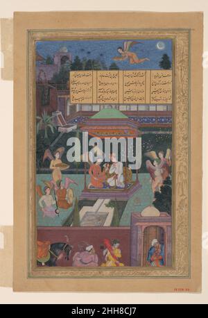 'Die Geschichte der Prinzessin vom Blauen Pavillon: Die Jugend von Rum wird von einer Fee und ihren Mädchens in einem Garten unterhalten', Folio aus einem Khamsa (Quintett) von Amir Khusrau Dihlavi 1597–98 Amir Khusrau Dihlavi etwa ein Jahrhundert nach dem Schreiben des persischen Dichters Nizami an sein Khamsa (Quintett), Der indische Dichter Amir Khusrau Dihlavi komponierte eine Antwort mit Nizamis Struktur, variierte aber seine Geschichten leicht. Dieses Gemälde stammt aus dem Mogul-Kaiser Akbar ( r. 1550–1605) Kopie der Verse von Amir Khusrau. Es zeigt eine Geschichte, die eine Prinzessin dem König Bahram Gur erzählte, von einem Jugendlichen und der Feenkönigin Stockfoto