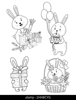 Niedliches Kaninchen-Zeichensatz. Osterhase zu Korb mit Blumen, Kaninchen mit Geschenken und Karotten, mit Kuchen und Ballons. Vektorgrafik. Isoliert Stock Vektor