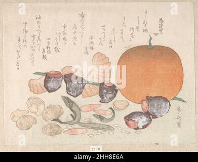 Orangen, getrocknete Kaki, Hering-Roe und verschiedene Nüsse; Lebensmittel für die Neujahrsfeier des 19th. Jahrhunderts Ryūryūkyo Shinsai Japanisch. Orangen, getrocknete Kakifrüchte, Hering-Roe und verschiedene Nüsse; Nahrung für die Neujahrsfeier 54971 Stockfoto