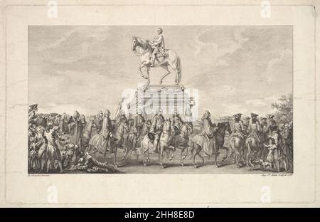 Die Einweihung der Statue von Louis XV, Vignette auf Seite 1, aus Description des Travaux qui ont précédé. Accompagné et suivi la fonte en Bronze d'un seul Jet de la Statue Equèstre de Louis XV le bien-aimé dressée sur les mémoires de M. Lempereur ancien Echevin. Par M. Mariette, Honoraire Amateur de l'Académie Royale de Peinture et Sculpture, A Paris de l'Imprimerie de P.G. Le Mercier 1766 Augustin de Saint-Aubin Französisch. Die Einweihung der Statue von Louis XV, Vignette auf Seite 1, aus Beschreibung des Travaux qui ont précédé. Accompagné et suivi la fonte en Bronze d'un seul Jet de la St Stockfoto