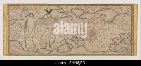 Ein ausgezehrtes Pferd, geführt von seinem Meister Ende des 16th. Jahrhunderts Ein Mann mit einer Wasserhaut oder möglicherweise einem Sattel, der über seine Schulter geschleudert ist, führt ein ausgezehrtes Pferd durch eine felsige, halbtrockene Landschaft. Das knöcherne Pferd wird von Krähen angegriffen, die an zwei Punkten auf dem Rücken picken. In mystischen Begriffen repräsentiert das Pferd die Sterblichkeit, zerbrochen und in Richtung Tod vorrückend, während der Mann, der es führt, sich seines endgültigen Schicksals nicht bewusst ist. Der anonyme Künstler hat rote Tusche auf dem Blei des Pferdes und die Wunden auf dem Rücken verwendet. Ein ausgezehrtes Pferd, geführt von seinem Meister. Ende des 16th. Jahrhunderts. Tinte und Aquarell auf p Stockfoto