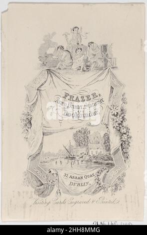 Handelskarte für Frazer, Army Printer, Stationer und Buchbinder 19th Century Anonymous, Irish, 19th Century Dieses Objekt befindet sich in einem Album mit britischen Handelskarten aus den Sammlungen von Bella C. Landauer, Ambrose Heal und anderen. Der Begriff „Handelskarte“ stammt aus dem 19. Jahrhundert und bezieht sich auf eine Karte, die die Dienstleistungen einer Person oder eines Unternehmens bewirbt. Handelskarten des 18. Jahrhunderts wurden oft auf dünnen Blättern gedruckt und als „Handelskarten“, „Handelsrechnungen“ oder „Ladenrechnungen“ bezeichnet. Während der viktorianischen Zeit wurden die Visitenkarten oft auf der Pappe verstärkt Stockfoto