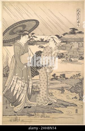 Ono no Komachi Praying for Rain Ca. 1791 Chōbunsai Eishi Japanisch in diesem anspruchsvollen Bild von Schönheiten genießen einen Ausflug, wird der ursprüngliche Inhalt des Themas absichtlich verdeckt. Nur der Regen und das kleine Boot in der Ferne beziehen sich auf das Kabuki-Spiel Komachi Praying for Rain. Die Üppigkeit der Sommerszene und die frische Schönheit der Frauen werden subtil durch die Vermeidung von Farbe im monochromen Druck verstärkt.während seiner Karriere konzentrierte sich Chōbunsai Eishi, Sohn einer Samurai-Familie, ausschließlich auf das Thema elegante Frauen. Ono no Komachi Praying for Rain 51091 Stockfoto