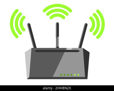 Abbildung eines drahtlosen Routers mit drei Antennen, die ein Wi-Fi-Signal verbreiten Stockfoto