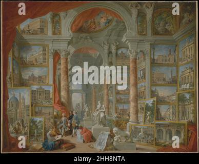 Modernes Rom 1757 Giovanni Paolo Panini Italienisch zu den brillantesten Erfindungen von Panini gehören das moderne Rom und sein Anhänger, der geschickt dazu beigetragen hat, die berühmten Monumente der Stadt als Gemälde in einer prächtigen Galerie zu zeigen. Sie wurden vom Grafen de Stainville, dem späteren Herzog von Choiseul, von 1753 bis 1757 Botschafter in Rom, in Auftrag gegeben; er wird sitzend in einem Sessel gezeigt. Unter den gezeigten Werken sind Michelangelos Moses- und Berninis Statuen von Konstantin, David, Apollo und Daphne sowie seine Brunnen auf der Piazza Navona. Für die Identifizierung von zusätzlichen Denkmälern, besuchen Sie metmuseum.org Stockfoto