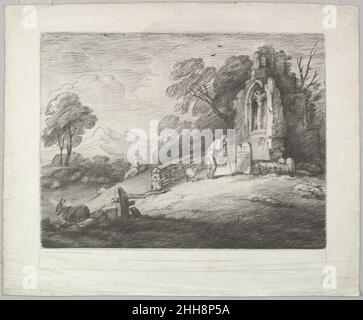 Bewaldete Landschaft mit einem Bauer Lesen eines Grabsteins, Rustikale Liebhaber und eine ruinierte Kirche 1. August 1797 Thomas Gainsborough Britisch. Bewaldete Landschaft mit einem Bauer, der einen Grabstein liest, rustikale Liebhaber und eine ruinierte Kirche 364226 Stockfoto