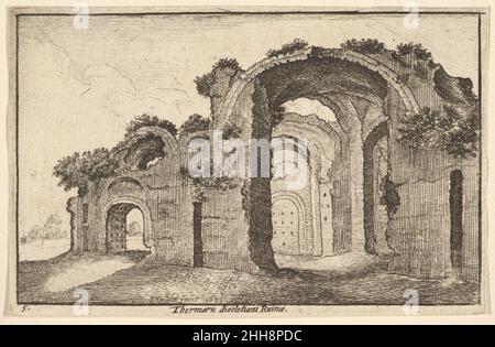 Thermaru diocletiani ruinae (Diokletianbäder) 1651 Wenceslaus Hollar Böhmische Bäder von Diokletian in Rom, von außen gesehen, teilweise mit Vegetation bewachsen; nach Sebastian Vrancx.. Thermaru diocletiani ruinae (Diokletianbäder) 360662 Stockfoto