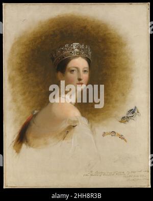 Königin Victoria 1838 Thomas Sully der Amerikaner Victoria (1819–1901) war von 1837 bis 1901 Königin des Vereinigten Königreichs. Kurz nach ihrer Thronbesteigung beschloss Sully, seine Heimat England zu besuchen. Die Society of the Sons of St. George, eine wohltätige Einrichtung in Philadelphia, verabschiedete eine Resolution, Sully während dieses Besuchs die Königin malen zu lassen. Victoria saß im März, April und Mai 1838 für Sully und malte eine Reihe von Skizzen, darunter diese. Nach seiner Rückkehr in dieses Land malte er eine Reihe von Bildern auf der Grundlage seiner Skizzen. Eine Version für die Society of St. George A Stockfoto