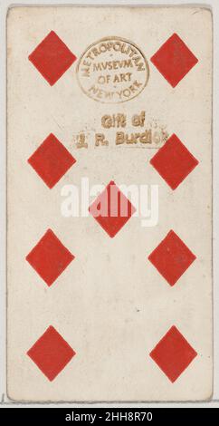 Nine Diamonds, aus der Spielkarten-Serie (N84) zur Förderung von türkischen Cross-Cut-Zigaretten für W. Duke, Sons und Co. 1888, herausgegeben von W. Duke, Sons & Co. American Trade Cards aus der Spielkarten-Serie (N84), Im Jahr 1888 in einem Satz von 53 Karten ausgegeben, um die von W. Duke Sons & Co. Produzierten türkischen Cross-Cut-Zigaretten zu bewerben. Der Joker wirbt für Zigaretten der Marke Duke und das Ace of Spades zeigt eine Anzeige für türkische Cross-Cut-Zigaretten. Neben dem türkischen Cross-Cut wurde auch eine Version des gleichen Spielkartenspiels für Provert veröffentlicht Stockfoto