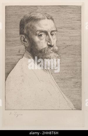 Portrait of Sir Edward John Poynter 1877 Alphonse Legros Legros' Portrait des Künstlerkollegen Poynter wurde im Januar 1877 in der Kunstzeitschrift 'The Portfolio' veröffentlicht. Die Publikation und ihr Herausgeber Philip Gilbert Hamerton (1834–1894) förderten aktiv die Druckgrafik, insbesondere die Radierung. Poynter war von 1871 bis 1875 der erste Slade-Professor für Bildende Kunst am University College London. Legros folgte ihm auf seine direkte Empfehlung als Slade Professor nach und wurde einer der einflussreichsten Ausbilder der Kunstschule, der dort über fünfzehn Jahre lang unterrichtete. Poynter selbst hatte später eine Reihe von Anzeigen Stockfoto