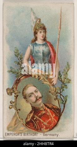 Emperor's Birthday, Deutschland, aus der Holidays-Serie (N80) für Zigaretten der Marke Duke 1890, herausgegeben von W. Duke, Sons & Co. American Trade Cards aus der 'Holidays'-Serie (N88), herausgegeben in einem Satz von 50 Karten im Jahr 1890 zur Werbung für Zigaretten der Marke W. Duke Sons & Co. Die Serie zeigt Bürger aus verschiedenen Ländern in traditioneller Kleidung, die lokale Feiertage feiern. Jede Karte enthält den Titel der Serie, eine Beschreibung des jeweiligen Feiertags und seiner Geschichte sowie eine Anzeige für W. Duke, Sons & Co. Die Tabakhersteller Goodwin & Co. Veröffentlichten diese Serie auch mit Markenwerbung für Old Ju Stockfoto