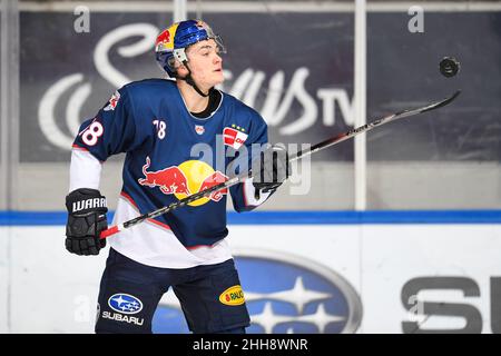 München, Deutschland. 23rd Januar 2022. Eishockey: DEL, EHC Red Bull München - Eisbären Berlin, Hauptrunde, Spieltag 46th im Olympia-Eissportzentrum. Justin Schütz aus München. München verliert mit 1:3. Quelle: Tobias Hase/dpa/Alamy Live News Stockfoto