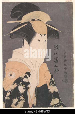 Segawa Tomisaburō II as Yadorigi in the Play 'Hana Ayame Bunroku Soga' 1794 Tōshūsai Sharaku Japanische Frauenrollen im Kabuki-Theater wurden von oyama oder onnagata gespielt, Männern, die sich auf weibliche Imitation spezialisiert haben. Das Geschick und der zweideutige Doppelstatus solcher Darsteller waren eine Quelle großer Faszination für das Kabuki-Publikum. Hier stehen zum Beispiel die Kleidung, die Coiffure und die Geste des männlichen Schauspielers für die einer modischen und schönen Frau. In seiner Nachahmung der Geste einer Frau zerrt der Schauspieler sein Kleid mit einem gewundenen weiblichen Ausdruck, der übertrieben als real ist. Aber, Reflec Stockfoto