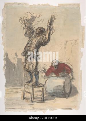 Street Show (Paillasse) (recto); ein Clown spielt eine Trommel (verso) 1825–79 Honoré Daumier Französisch. Street Show (Paillasse) (recto); ein Clown, der eine Trommel spielt (verso). Honoré Daumier (Französisch, Marseille 1808–1879 Valmondois). 1825–79. Schwarze Kreide und Aquarell auf gedeckten Papier (recto); Graphit und schwarze Kreide (verso). Zeichnungen Stockfoto