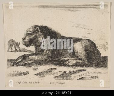 Platte 5: Liegender Löwe, von 'verschiedenen Tieren' (Diversi animali) ca. 1641 Stefano della Bella Italienisch. Platte 5: Liegender Löwe, aus 'verschiedenen Tieren' (Diversi animali) 377040 Stockfoto