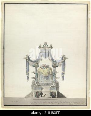 Katafalque für die Kaiserin Katharina die große von Russland (Frontaufhebung). 1796 Vincenzo Brenna Italienische Frontansicht der von Brenna entworfenen Katafalque für die Beerdigung von Katharina der Großen und ihrem Ehemann Zar Peter III. (Gestorben 1762), die im November 1796 in der Kathedrale St. Peter und Paul in St. Petersburg, Russland, stattfand. Katafalke für die Kaiserin Katharina die große von Russland (Frontaufhebung).. Vincenzo Brenna (Italienisch, Florenz 1745–1820 St. Petersburg). 1796. Stift und grau-schwarze Tinte, Pinsel und Aquarell, über Spuren von Graphit des Bleipunktes Stockfoto