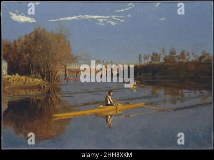 Der Champion Single Sculls (Max Schmitt in a Single Sculls) 1871 Thomas Eakins Amerikaner, der 1870 aus Europa nach Philadelphia zurückkehrte, begann Eakins eine Reihe von Darstellungen des Sports des Skullings, für das er eindeutig identifiziert wurde. Dies ist das erste große Werk dieser Serie von Gemälden und Aquarellen. Es wird angenommen, dass es an den Sieg von Max Schmitt (1843–1900), einem Rechtsanwalt und erfahrenen Amateurruderer, bei einem wichtigen Rennen auf dem Schuylkill River im Oktober 1870 erinnert. Auch ein begeisterter Ruderer, Eakins dargestellt selbst ziehen die Ruder eines scull in der mittleren Distanz.. Die Champi Stockfoto