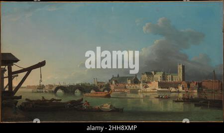 Das Gebäude der Westminster Bridge Samuel Scott British auf der linken Seite in dieser Ansicht von London und der Themse ist die noch unvollendete Westminster Bridge. Dahinter von links nach rechts befinden sich Saint Johns, Smith Square, Westminster Hall, Westminster Abbey und der Turm der Saint Margaret's Church. Die Arbeiten an der Westminster Bridge begannen 1738 und wurden 1750 abgeschlossen. Es wird hier in etwa dem Zustand gezeigt, den es bis 1742 erreicht hätte. Das Gebäude der Westminster Bridge. Samuel Scott (britisch, London ca. 1702–1772 Bad). Öl auf Leinwand. Gemälde Stockfoto