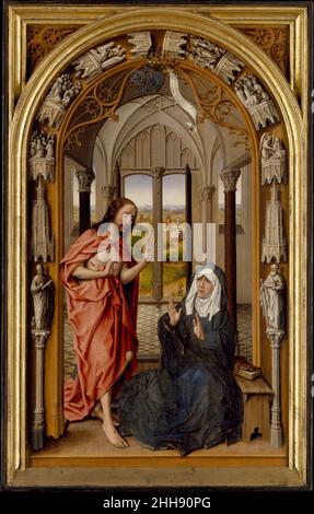 Christus erscheint seiner Mutter ca. 1496 Juan de Flandes Niederlandisch der Legende nach erschien Jesus seiner Mutter nach seiner Auferstehung. Juan de Flandes, der in Brügge ausgebildet wurde, wanderte nach Spanien aus, um am Hof von Königin Isabella von Kastilien zu dienen. In diesem Gemälde unterdrückte er seinen eigenen Stil und kopierte ein Werk von Rogier van der Weyden, das Isabellas Vater, König Juan II., gehörte Die spirituelle Kraft und der künstlerische Status von Rogiers Original veranlassten Isabella, eine genaue Kopie zu bestellen. Die Königin hinterließ ihre Version ihrer Grabstätte, der Capilla Real in Grana Stockfoto