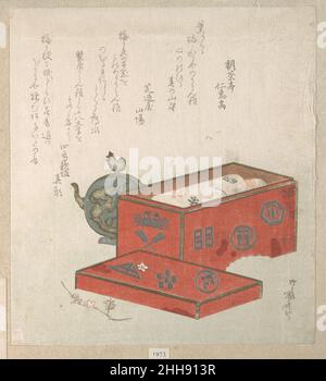 Red Lacquer Box und Water-Pot 19th Century Ryūryūkyo Shinsai Japanisch. Red Lacquer Box and Water-Pot 54558 Künstler: Ryuryukyo Shinsai, japanisch, aktiv ca. 1799?1823, Rote Lackdose und Wassertopf, 19th. Jahrhundert, Polychromer Holzschnitt (Surimono); Tinte und Farbe auf Papier, 8 1/4 x 7 3/8 Zoll (21 x 18,7 cm). Das Metropolitan Museum of Art, New York. Sammlung H. O. Havemeyer, Bequest von Frau H. O. Havemeyer, 1929 (JP1973) Stockfoto