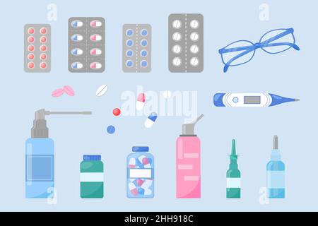 Apothekenset. Medikamente Pillen, Kapseln, Nasensprays isoliert. Sammlung von medizinischen und optischen Elementen. Gesundes Konzept. Vektorgrafik flach. Stock Vektor