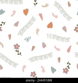 Boho Stil Herzen, Blumen nahtlose Muster einfache Vektor-Illustration in trendigen Pastellfarben, wiederholen Ornament Symbol der Liebe, St Valentinstag Kollektion für die Herstellung von Karten, Textil, Geschenkpapier Stock Vektor