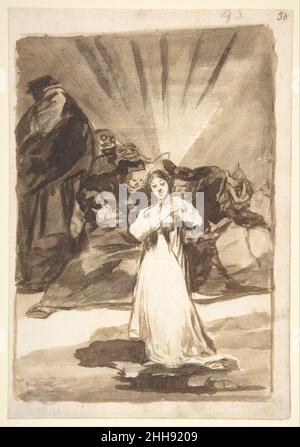 Eine strahlende weibliche Figur, von dunklen Geistern bedrängt; Seite 45 aus dem Album 'Images of Spain' (F) ca. 1812–20 Goya (Francisco de Goya y Lucientes) Spanisch die thematische Verbindung zwischen Goyas Projekten während des Jahres 1810s demonstriert, hat diese Zeichnung viel gemeinsam mit Platte 79 aus den Kriegskatastrophen (siehe 22.60.25(79)). Auf dem Bild steht die strahlende Frau auf dem Boden, während sie auf dieser Zeichnung mit den Händen über ihrem Herzen steht und von einer Gruppe von Männern in dunkler Kleidung, darunter ein Priester, der an seinem Hut erkennbar ist, bedrängt wird. Interpretationen der Zeichnung beinhalten Hinweise auf wahre Religion oder auf Stockfoto