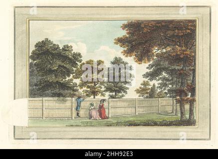 Skizzen und Hinweise zum Landschaftsgartenbau 1795 Humphry Repton British Repton veröffentlichte diese handkolorierte Aquatinta des Anwesens von Brandsbury in Middlesex (einem verschwundenen Ort im heutigen Brondesbury, London) in Sketches and Hints on Landscape Gardening (1795). Als eines der ersten Anwesen, das Repton 'verbessert' hat, ist es hier mit aufklappbaren Klappen dargestellt, um den Standort vor und nach seinen Abwechslungen zu zeigen. In diesem Fall wurde ein Zaun entfernt, um den Blick über hügelige Wiesen voller malerischer Weidevieh zu öffnen. Repton wurde nach dem Tod von Lancelot 'Ca Stockfoto